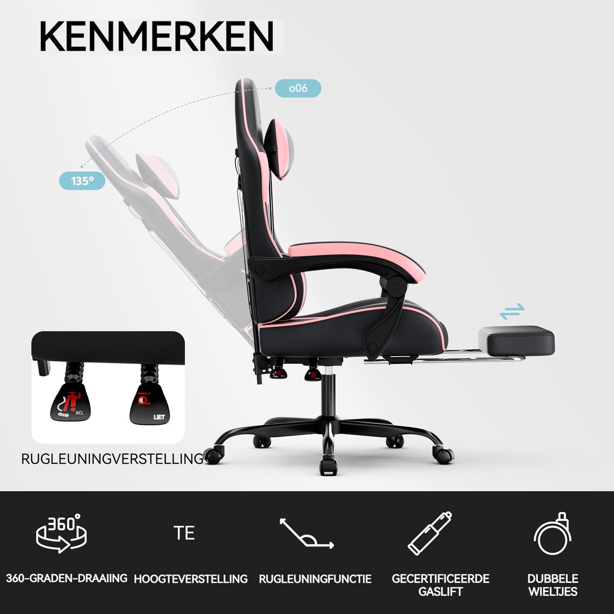 Apex CE Specialists ROLIPO Gaming Stoel met Voetsteun Roze - afbeelding 2