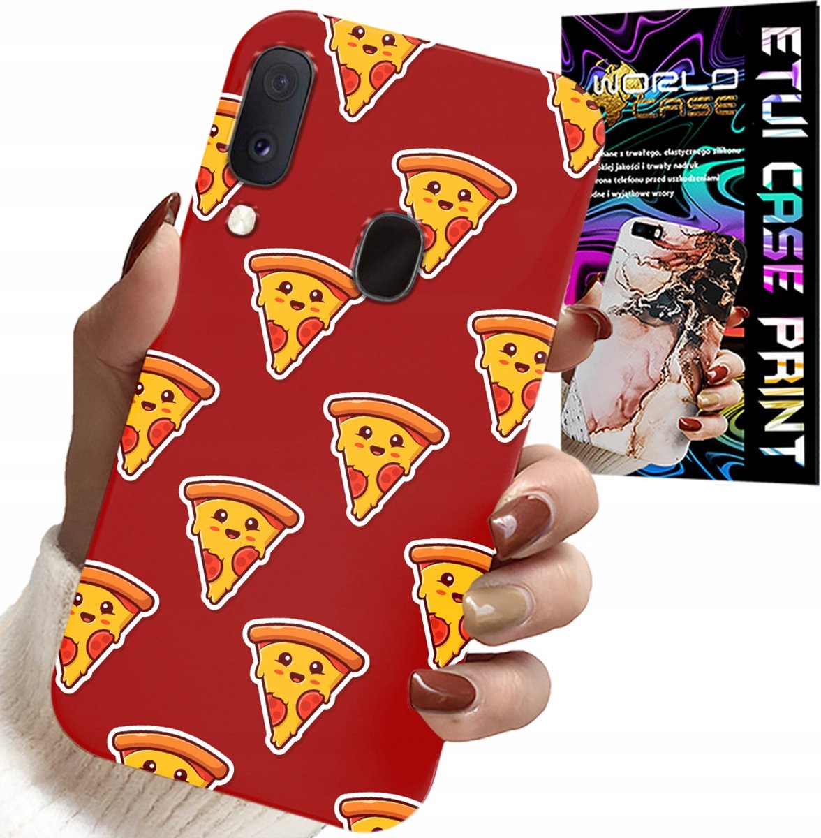 HOESJE VOOR SAMSUNG GALAXY A40 - HAPPY PIZZA PATROON OP EEN RODE ACHTERGROND