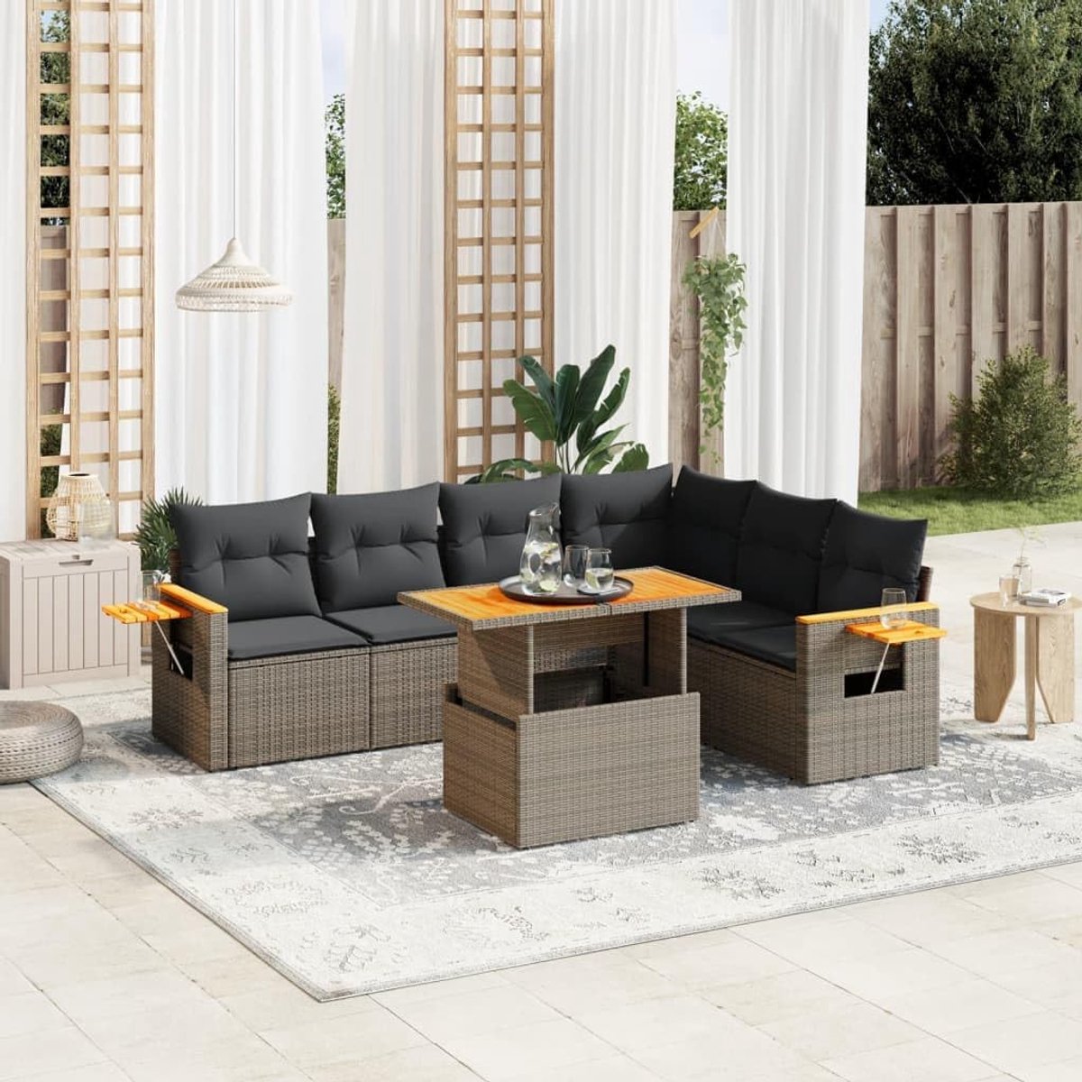 Loungeset tuin 7-delig – Poly rattan grijs met kussens – Luxe terras set met hoekbank en tafel – Weerbestendige tuinmeubelen – Moderne loungebank voor buiten – Luxora Living™