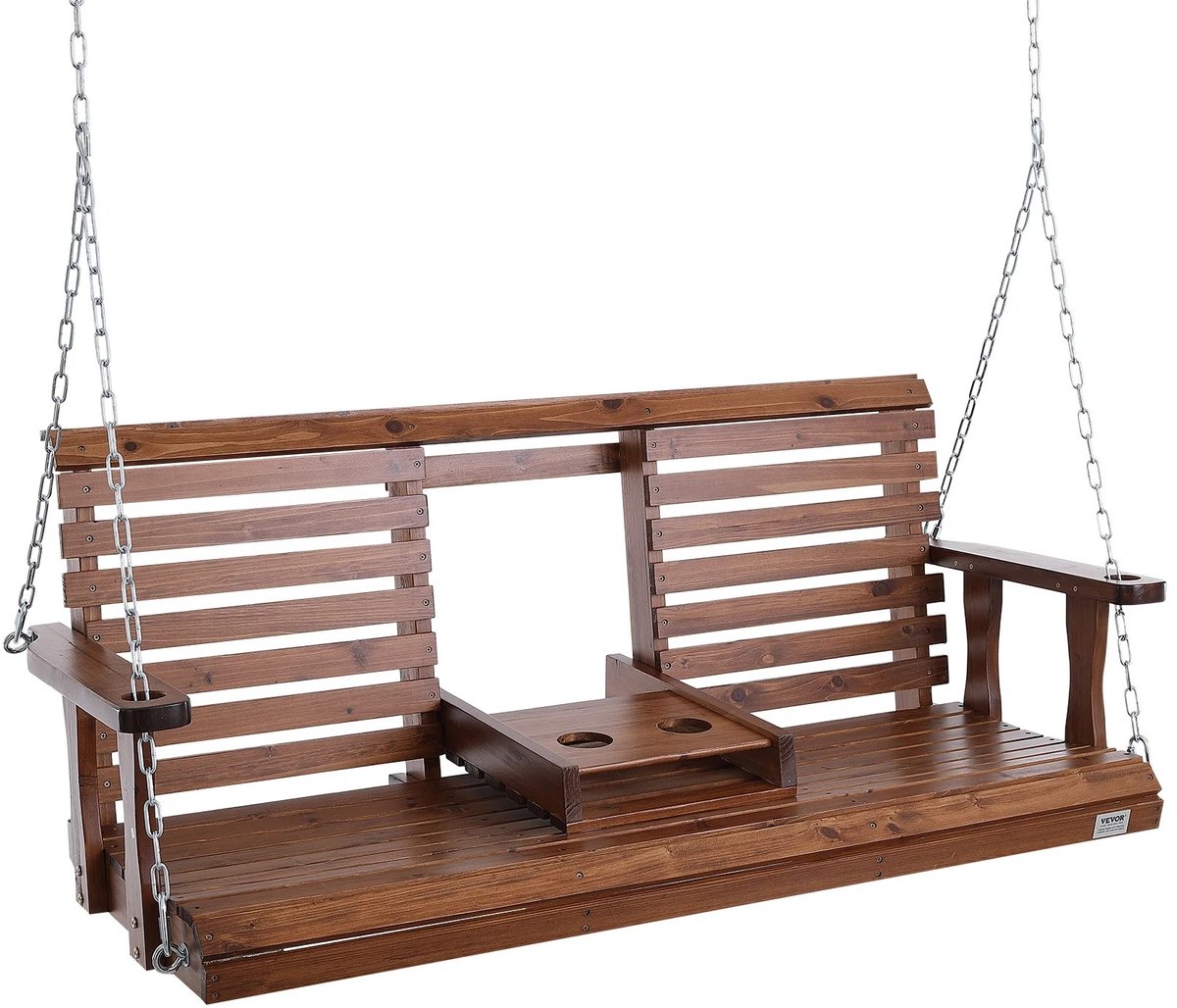 Sensova - Houten Veranda Schommelbank 5ft - Massief Dennenhout - 400kg Draagvermogen - Tuinschommel met Stalen Kettingen en Bekerhouder - Weerbestendig - Voor Tuin, Terras en Balkon - Carbonized Brown