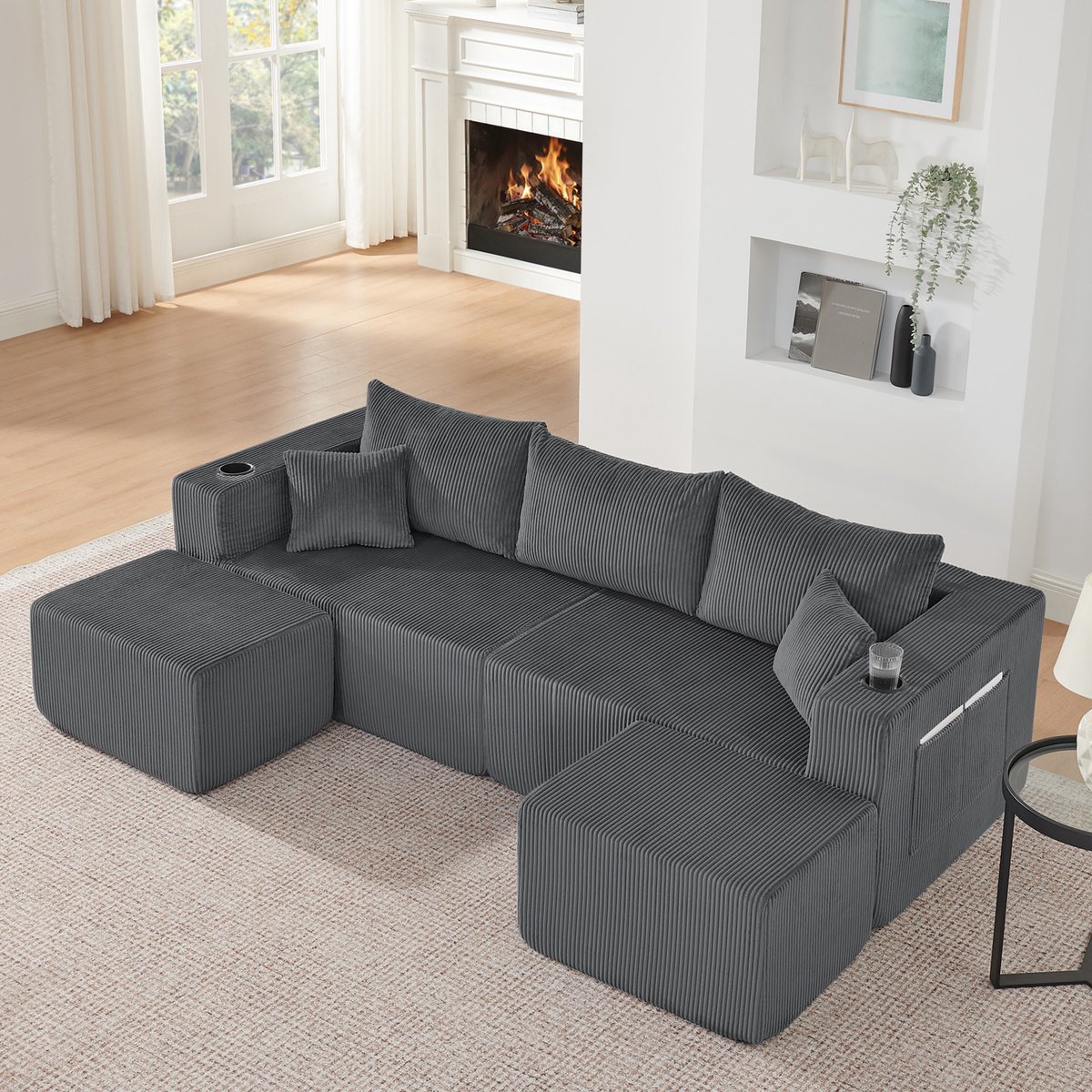 MODFU - 3-Zits Modulaire Hoekbank - Verplaatsbare Ottomanen En Bekerhouders - Modern - Voor Woonkamer - Cordstof - Grijs