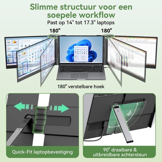 Demonstratie van de 180° verstelbare hoek en de Quick-Fit laptopbevestiging van de Blackview DCM8 Pro.