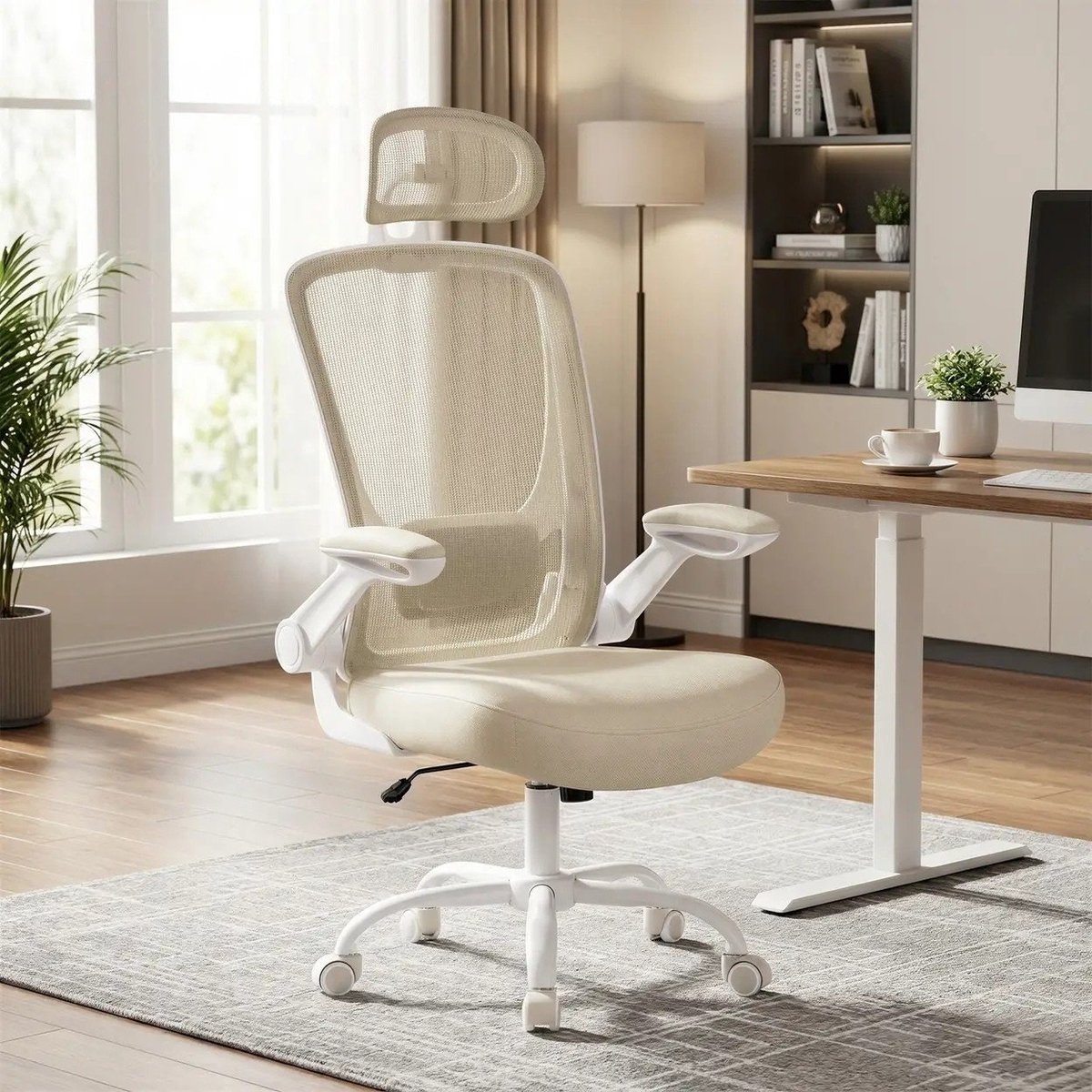 Songmics Bobbel Home Ergonomische Bureaustoel - Gevoerde Lendensteun - Wipfunctie - Zitting 53 cm - Opklapbare armleuningen - Cappuccino Beige Cappuccinobeige
