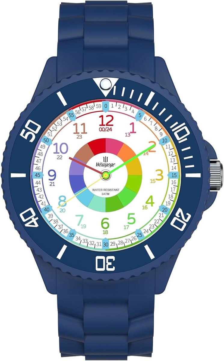 Kinderhorloge Analoog - Kinder polshorloge - Leren Klokkijken - Draaibare Ring - 35mm Kast 18mm Band - Blauw