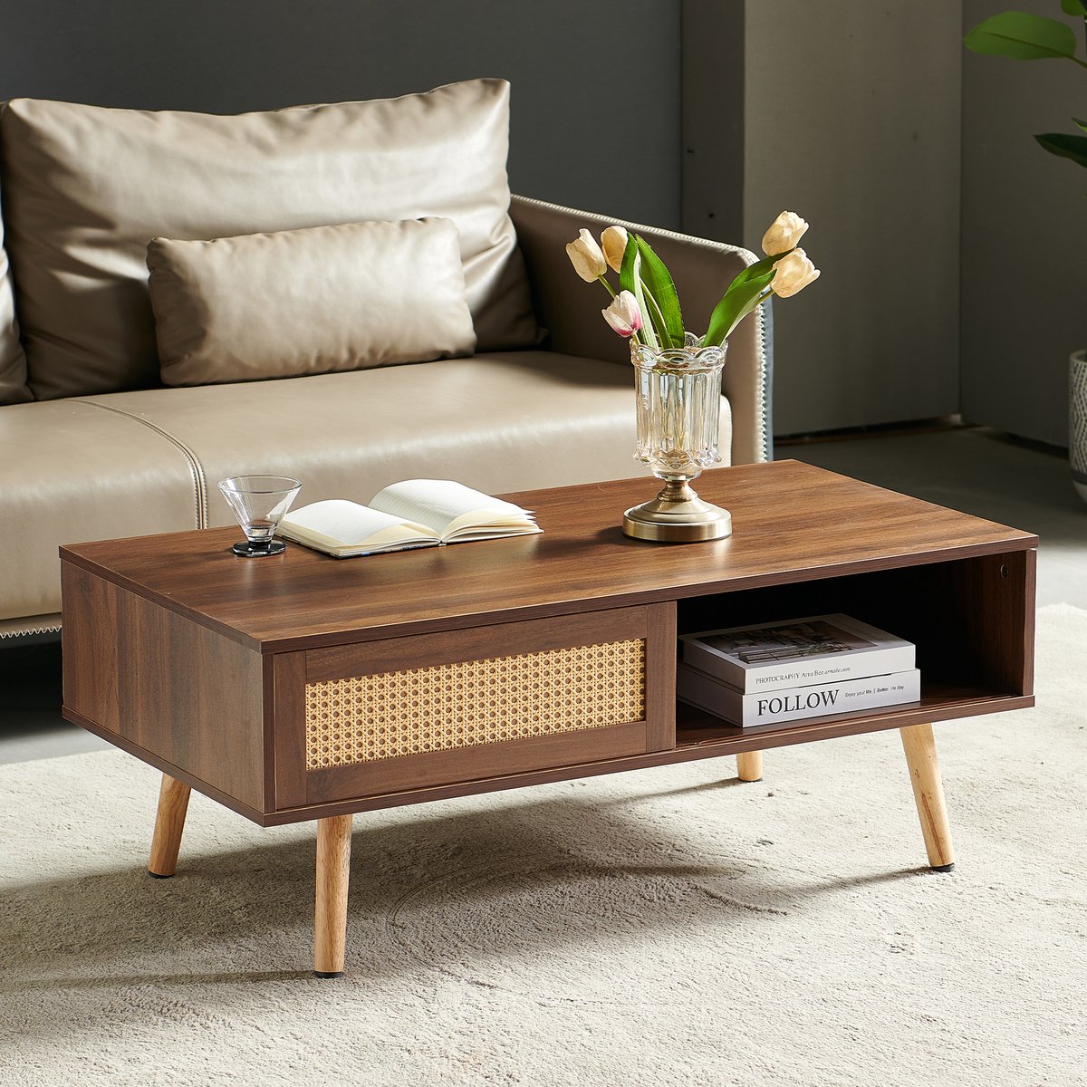 Wishdor Salontafel - Rotan Schuifdeur - Massief Houten Poten - Modern - Voor Woonkamer - MDF - Bruin