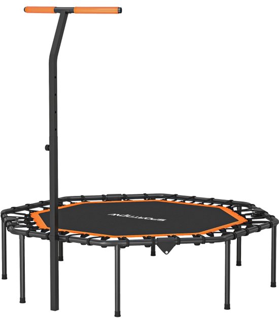 Octogonale trampoline met oranje handvat en zwarte veren. 128 cm breed.
