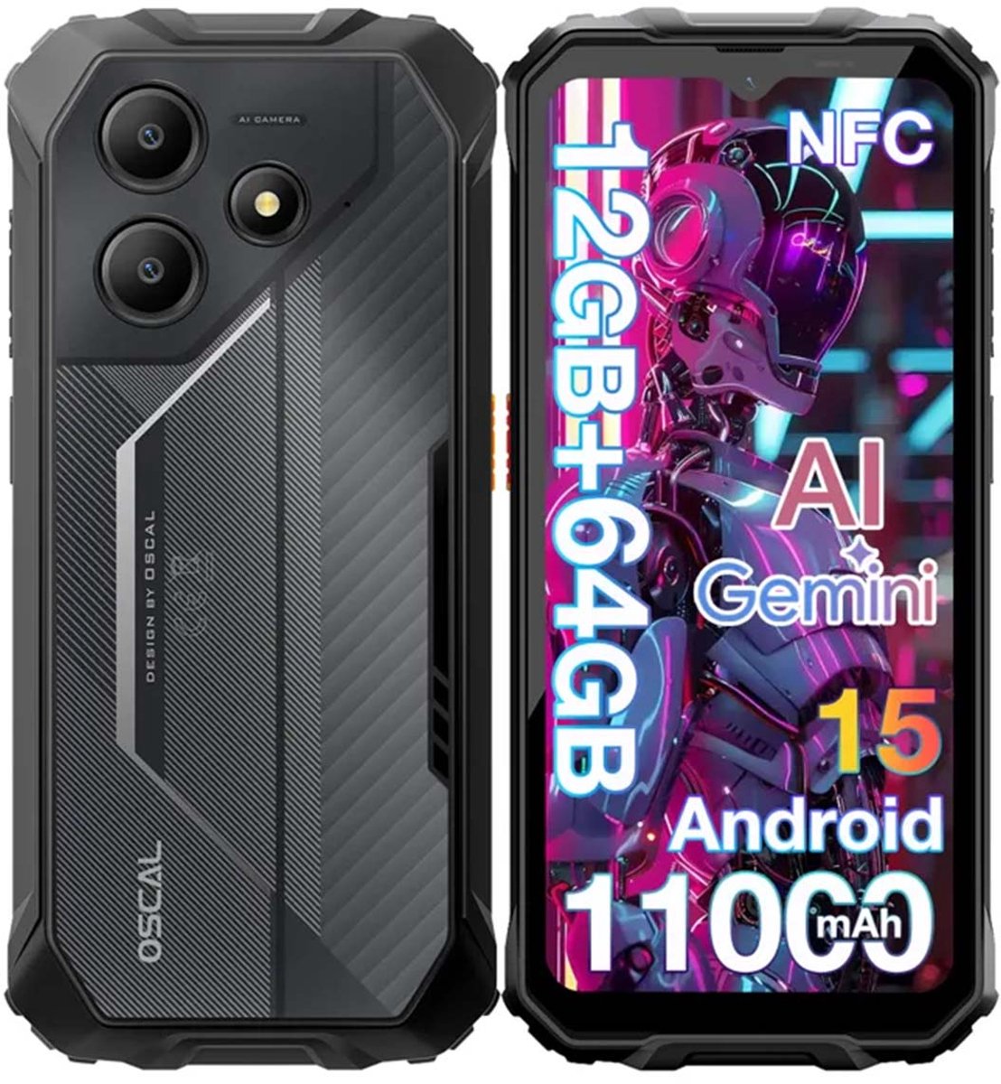 OSCAL MARINE 2 Robuuste Smartphone - Gemini AI - 12GB RAM+64GB ROM - 11000mAh Robuuste Telefoon - 6,56 Inch - IP68 IP69K - Dual SIM 4G - Android 15 - BT5.2 - NFC GPS - Zwart