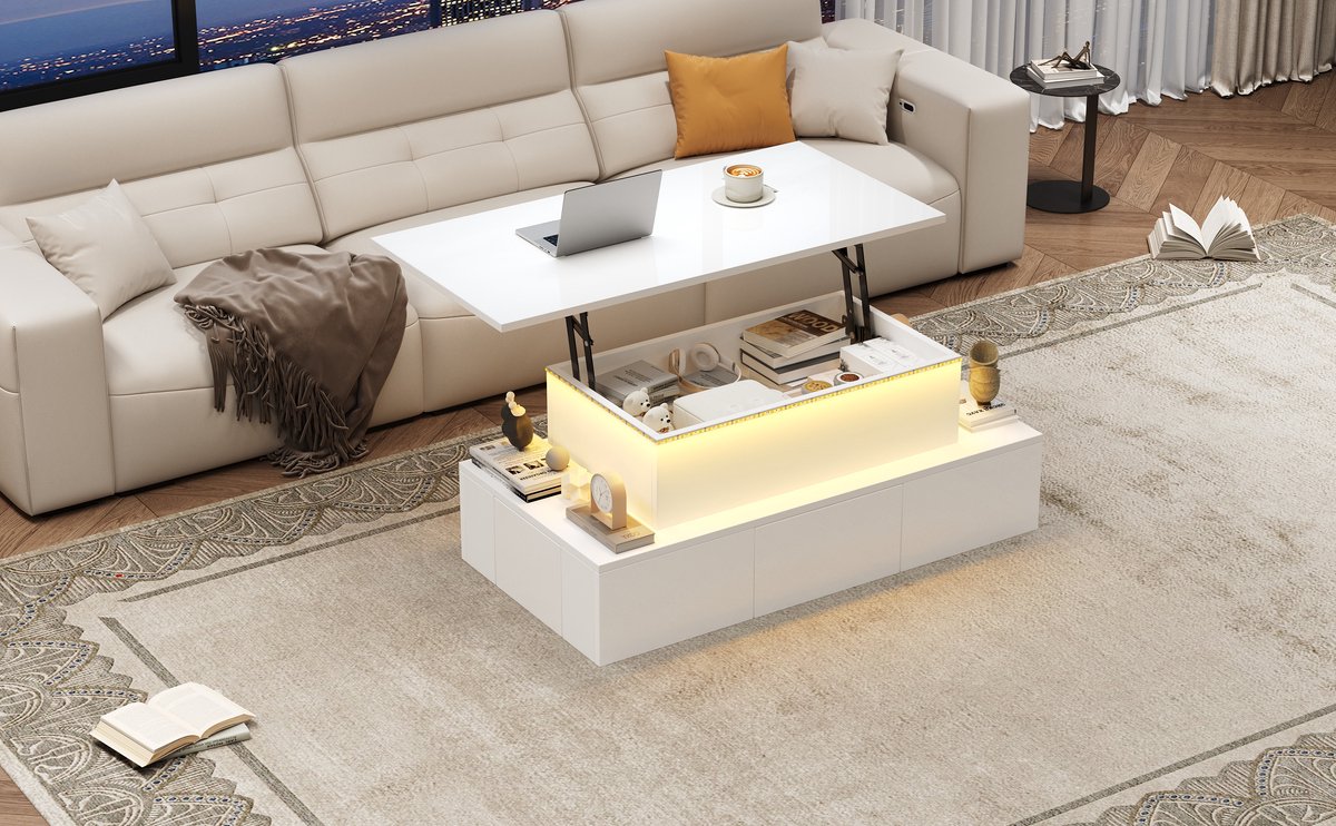 Wishdor Salontafel Met Liftfunctie En 4 Laden - Modern - Voor Woonkamer - MDF - Wit - 100 X 50 X 40 Cm