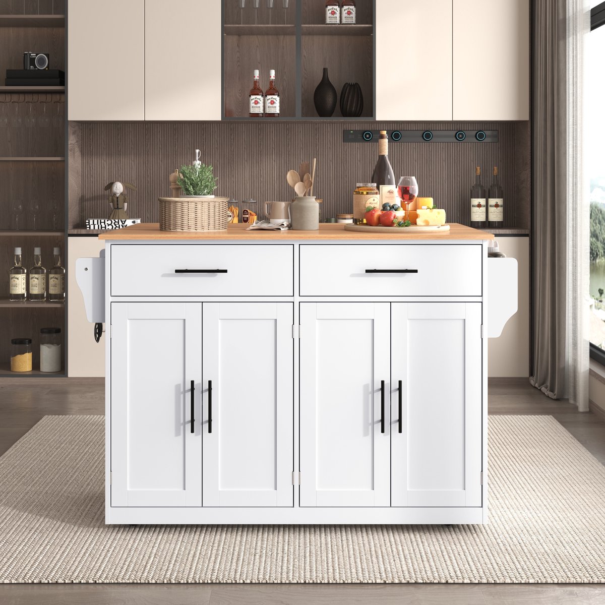 REDOM - Keukentrolley - Met Inklapbaar Tafelblad En Wielen - Europese Stijl - Voor Keuken En Eetkamer - MDF - Wit En Naturel - 120 x 46/70 x 91,5 cm