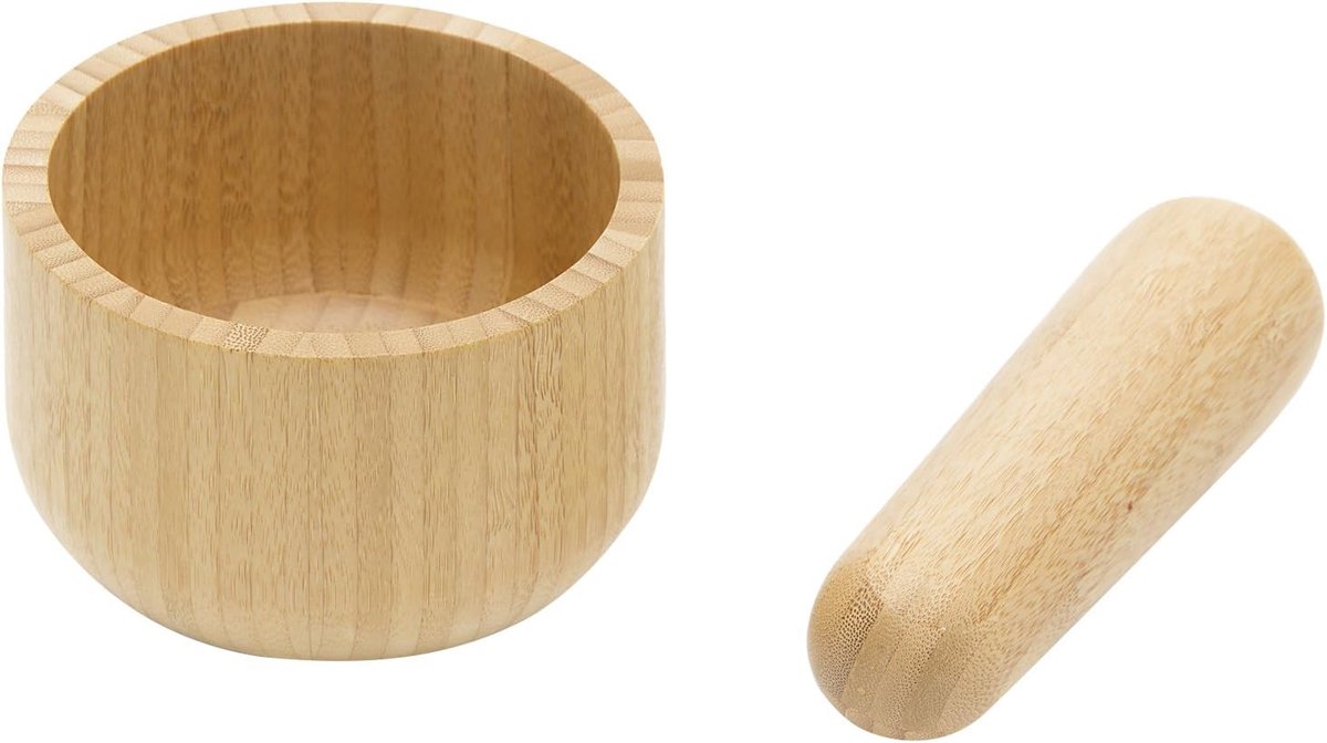 Vijzel met Stamper - Keukenmolen - Kruiden Malen - Duurzaam Bamboe - 16.6cm Breed - Bruin