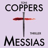 Boek "Messias" van Toni Coppers. Een gekruiste spijker met rode vlekken op een paarse achtergrond.