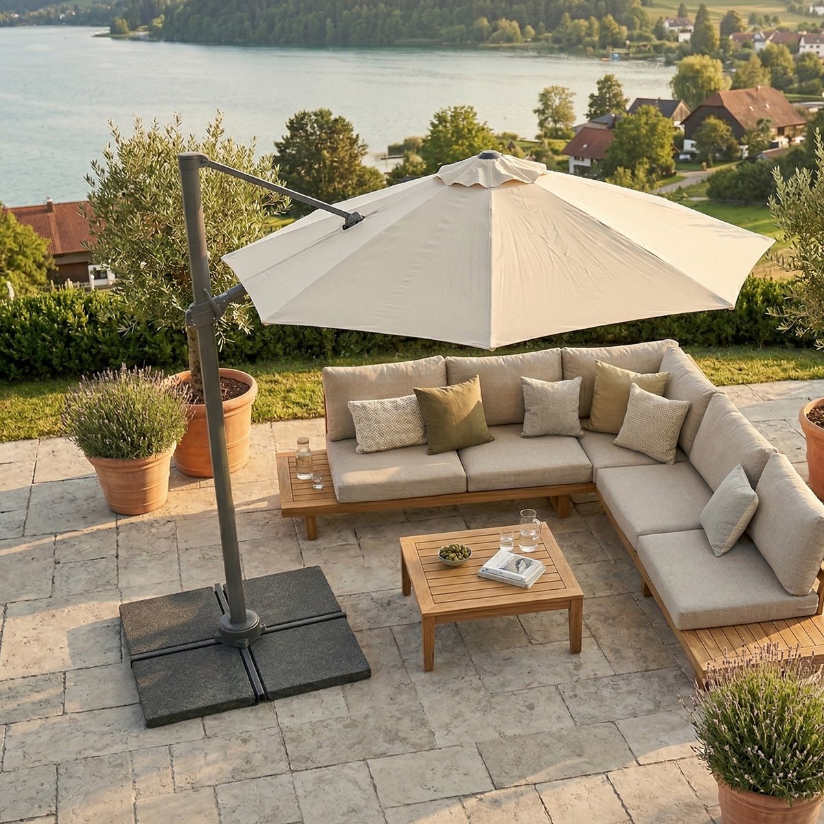 AXI Solis Zweefparasol Ø 300cm Antraciet/beige incl. Hoes – Gepoedercoat frame met kruisvoet – 360° Draaibaar - Kantelbaar – foto 4