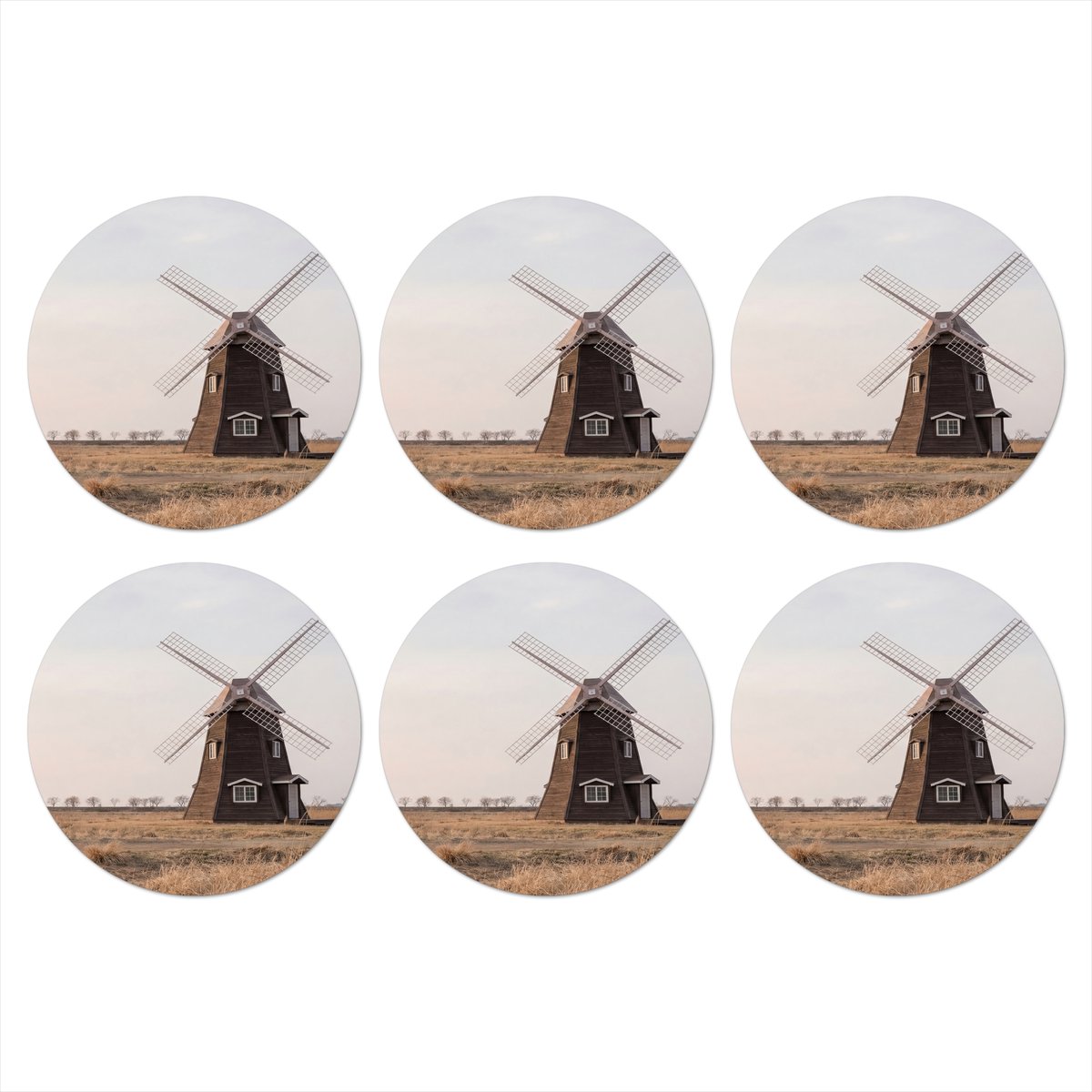 Onderzetters voor glazen - Rond - Windmolens - Landschap - Veld - 10x10 cm - Glasonderzetters - 6 stuks