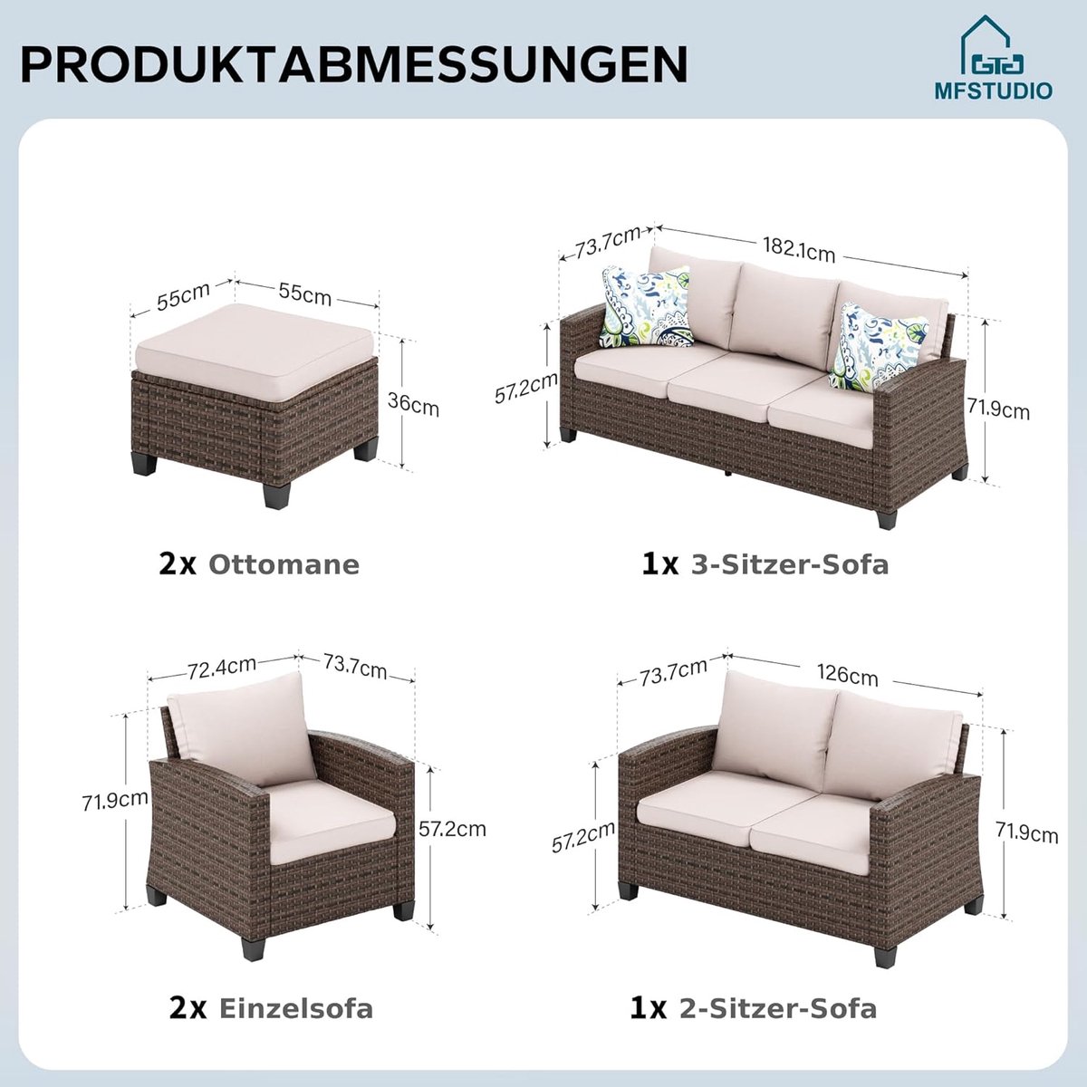 Tuin Loungeset Modulair 61x61x44,5 cm – Rotan Buitenbank 1-Persoons met Kussen, Waterdicht & UV-Bestendig, Balkon & Tuin Meubel – Beige – Laura