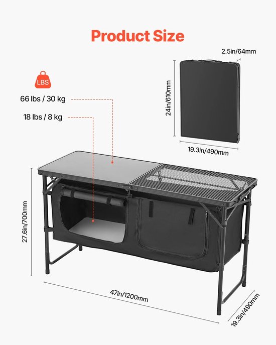 MakkelijkMooi inklapbare Camping Keuken Tafel - Campingtafel met Onderkastje - Kampeer Kastje & Tafel Zwart 120 x 49 x 70 (BxDxH) van Merkloos — afbeelding 2