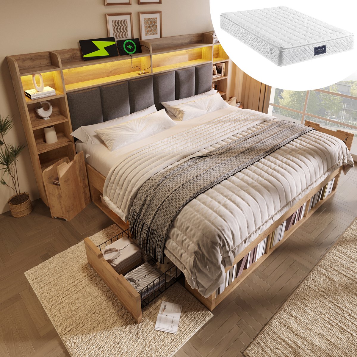 OKWISH Tweepersoonsbed 180x200 cm - Met LED En USB-C - Met Opbergruimte En Verrijdbare Nachtkastjes - Eikenkleur - Zonder Matras