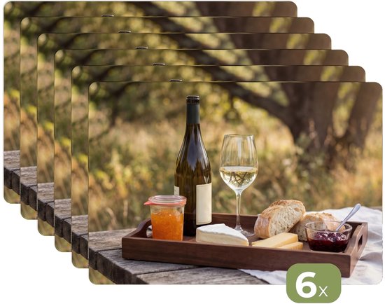 Placemats - 6 stuks - 45x30 cm - Placemat kunststof - Picknick - Wijn - Kaasplankje - Borden onderleggers - Decoratie voor op tafel - Keuken tafeldecoratie accessoires - Vinyl onderlegger - Tafelversiering