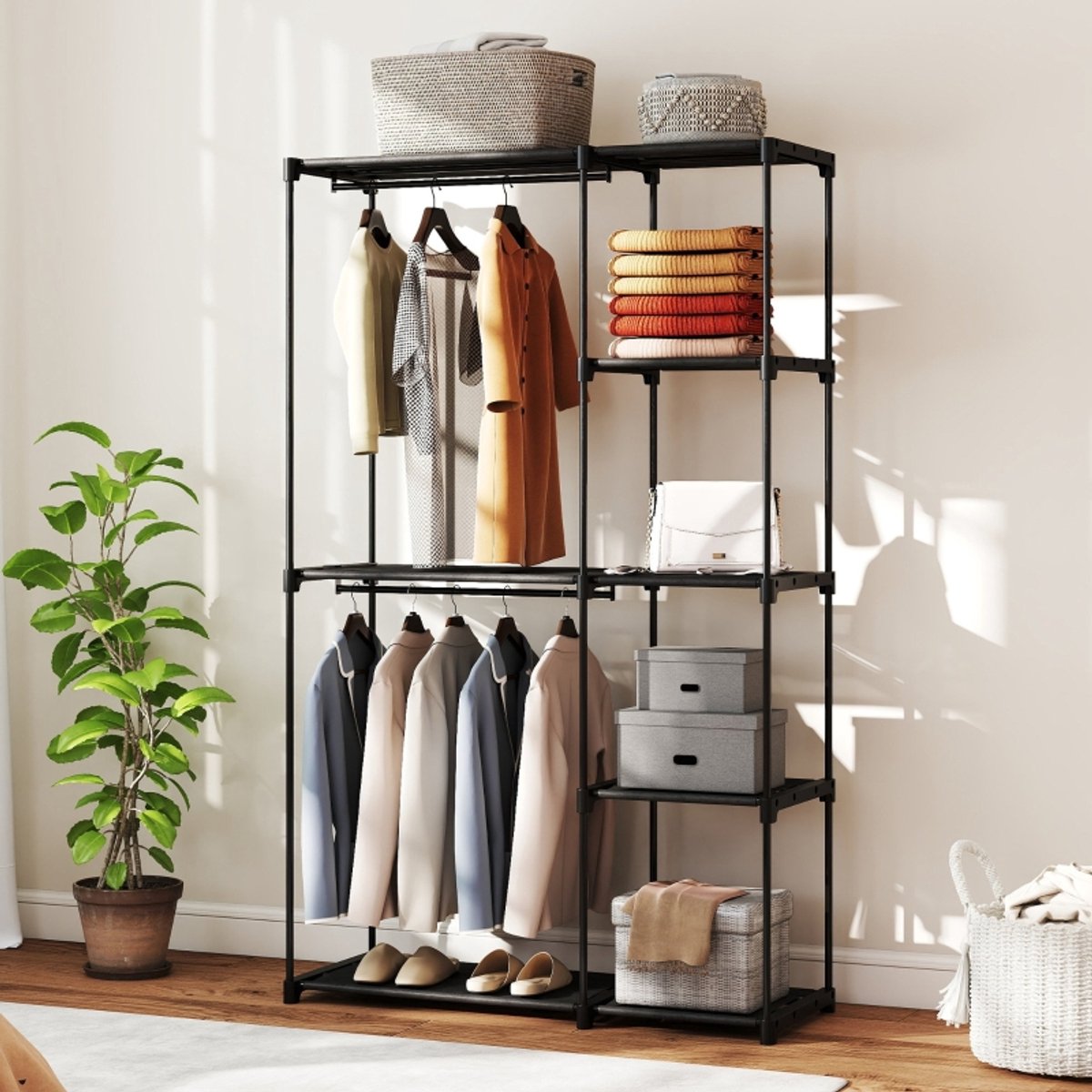 Wishdor Stoffen Kledingkast - Met Kledingroedes En Planken - Scandinavisch - Voor Slaapkamer - Staal En Vliesstof - Zwart - 111 X 43 X 185 Cm