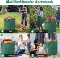 Multifunctionele tuinzak voor bladeren, fruit, kleding en speelgoed, getoond in diverse huis- en tuinscenario's.