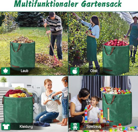 Multifunctionele tuinzak voor bladeren, fruit, kleding en speelgoed, getoond in diverse huis- en tuinscenario's.