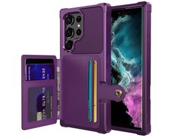 Portemonnee Hoesje Geschikt voor Samsung Galaxy S22 Ultra - Back Cover met Pasjeshouder - Telefoonhoesje voor Pinpas - Kaarthouder op Achterkant - Case met Magneet Paars