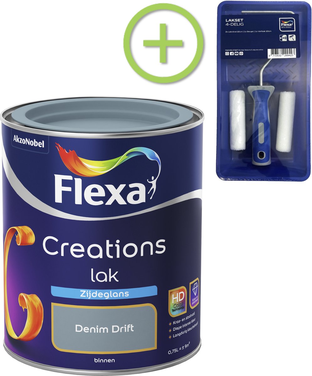 Voordeelpakket Flexa Creations - Lak Zijdeglans - Denim Drift - 750 ML + Lakroller - 4 Delig