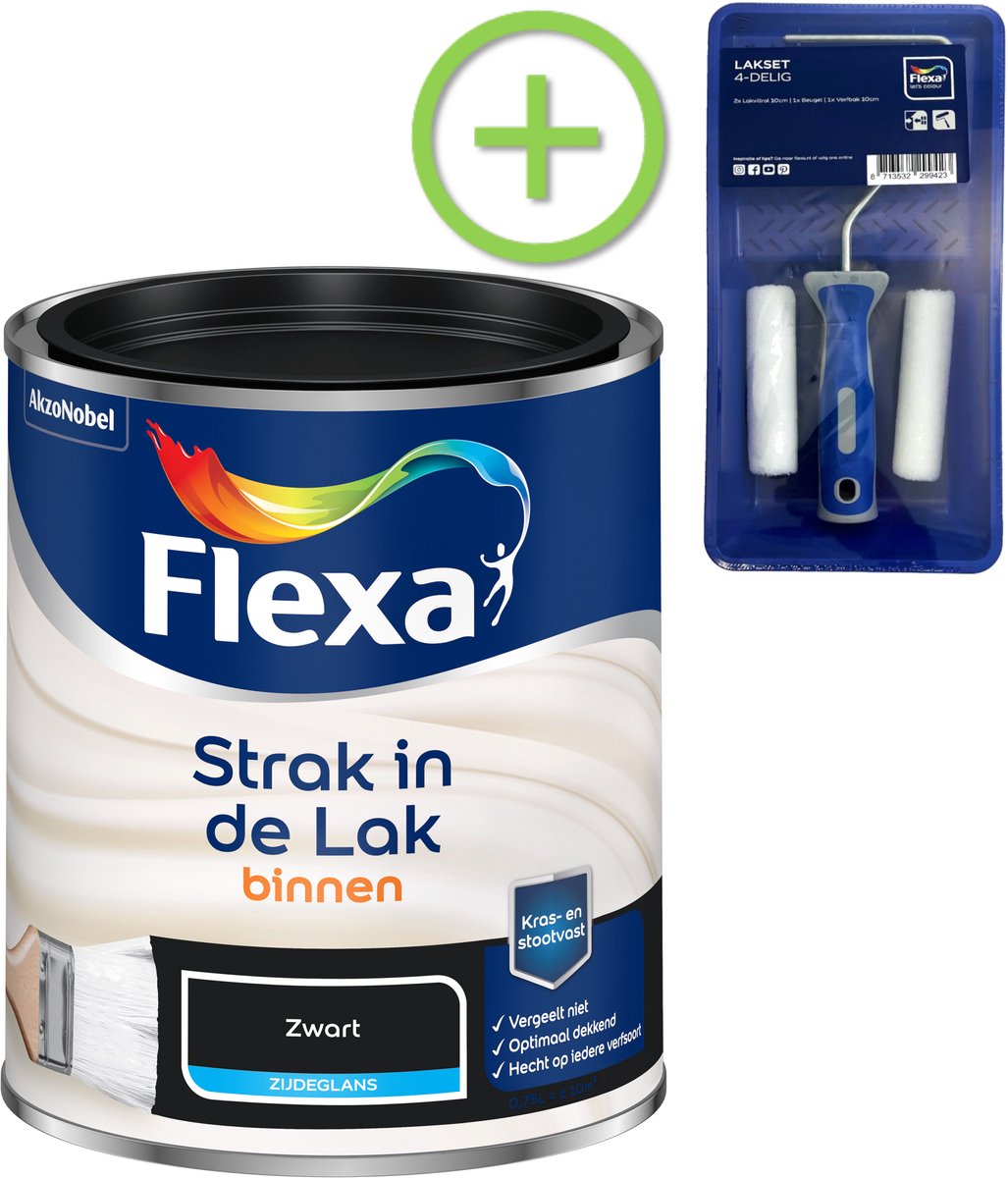 Voordeelpakket Flexa Strak In De Lak - Watergedragen - Zijdeglans - Zwart - 750 ML + Lakroller - 4 Delig