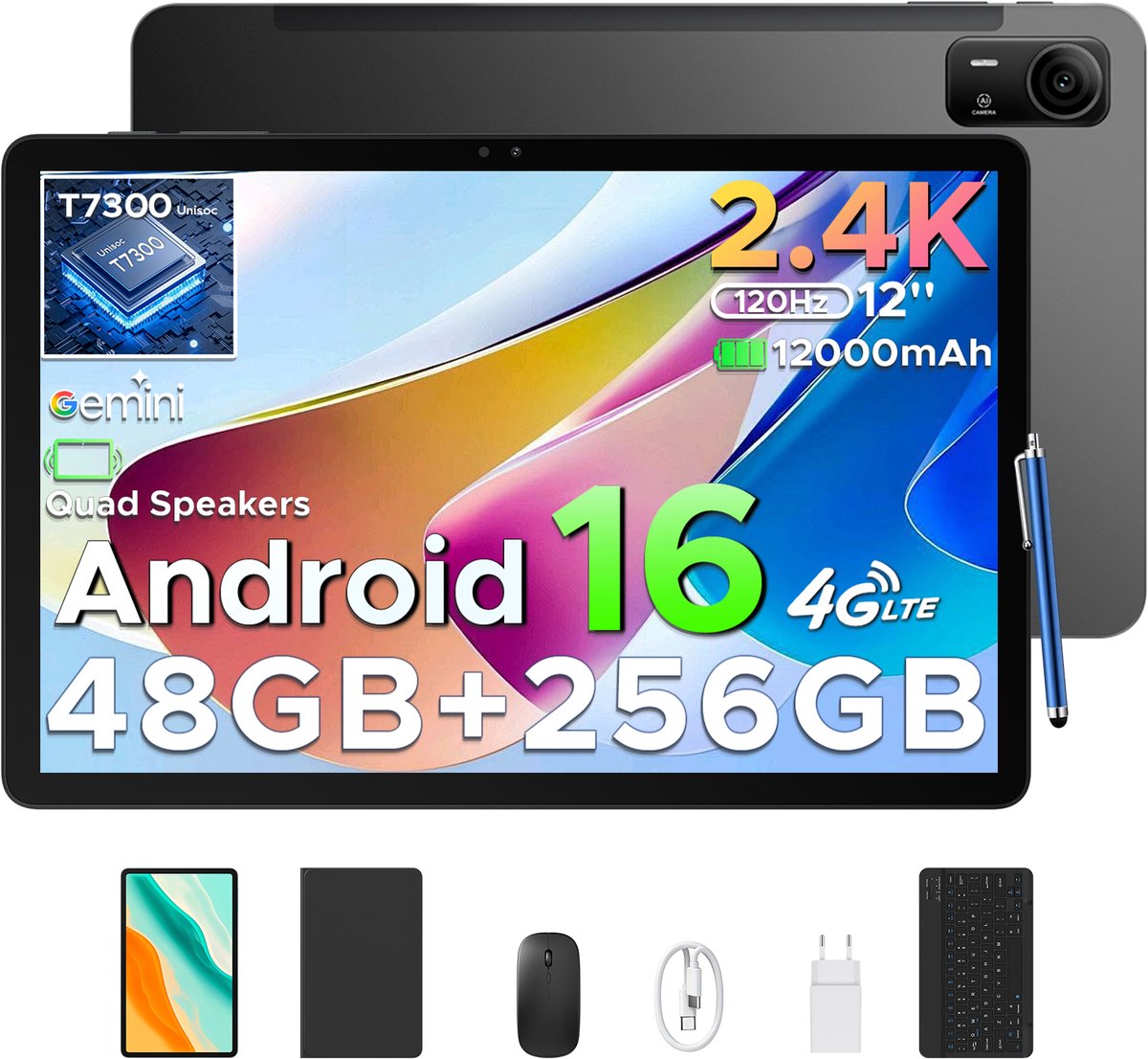 POCKAM P12 Pro - Tablet - Tablets - 48GB RAM (12+36GB) + 256GB ROM (2 TB/TF) - 12 Inch 2K 120Hz IPS - Android 16 - 12000mAh/18W - 4G LTE - Wi-Fi 5 - Bluetooth 5.0 - T7300 - Quad Speakers - Volledige accessoirebundel met toetsenbord en stylus-Zwart