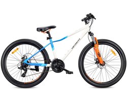 VERDANT CALIX Mountainbike 26", MTB-fiets voor dames en heren, fiets 6 inch - vering, schijfremmen, 21 versnellingen - Wit-Blauw-Oranje