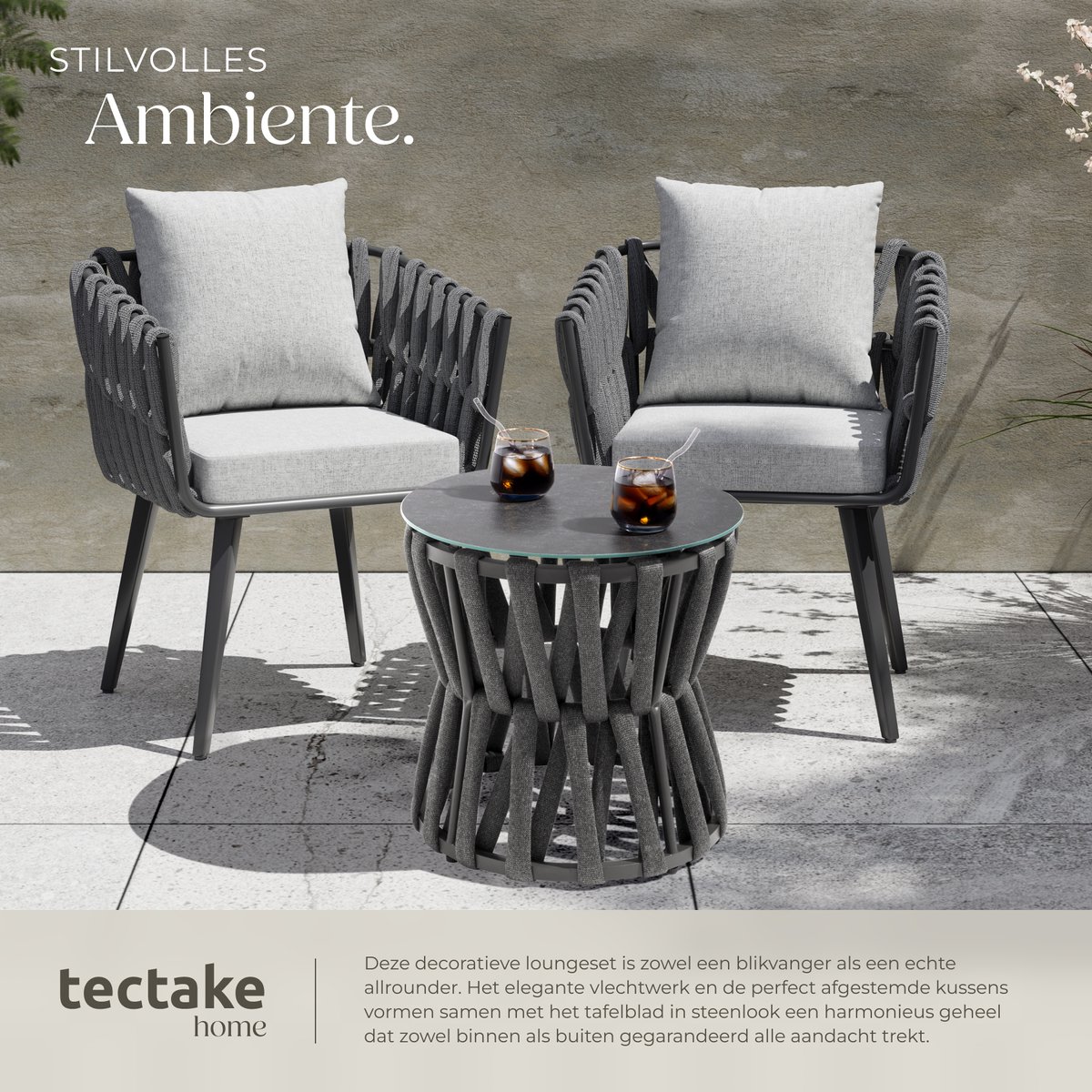 tectake® Tuinset Lugano - Tuinstoelen - 2 Loungestoelen met Bijzettafel - Buitenstoelen in Rope-Design met Aluminium Frame - Buiten Fauteuils met Dikke Kussens - Loungeset voor Tuin of Balkon - Terrasstoelen - UV- en Weerbestendig – foto 5