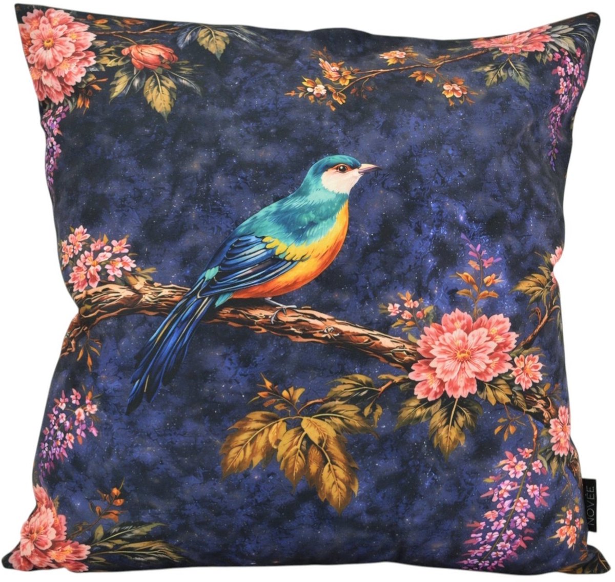 NOVÉE Sierkussen Midnight Blossom Birds #1 | 45x45 cm | Katoen/Polyester donkerblauw
