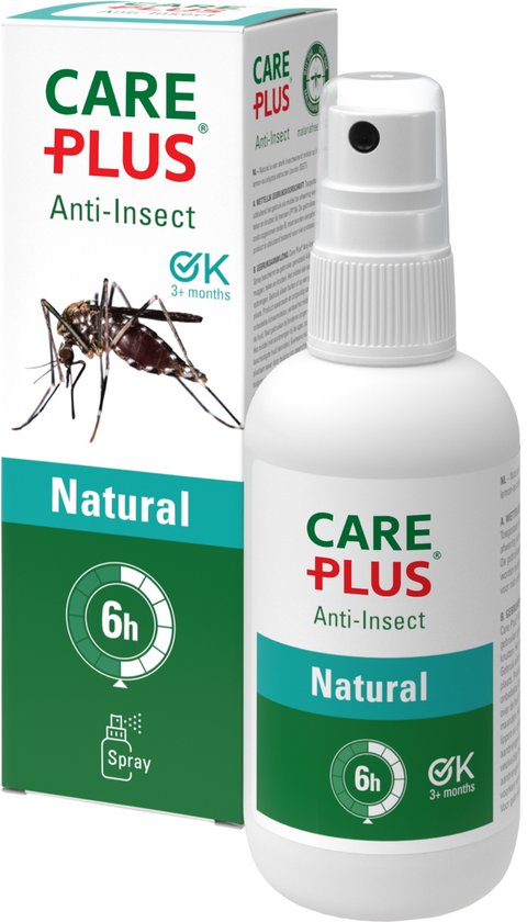 Care Plus Anti-Insect Natural spray met afbeelding van een mug. 6 uur bescherming.