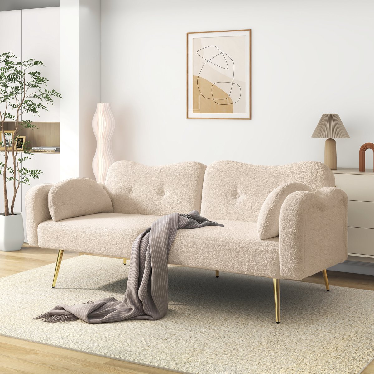 REDOM - Tweezits Slaapbank - Verstelbare Rugleuning - Wolkvormig Ontwerp - Modern - Woonkamer - Wolmix - Beige En Naturel- 155 X 85,5 Cm