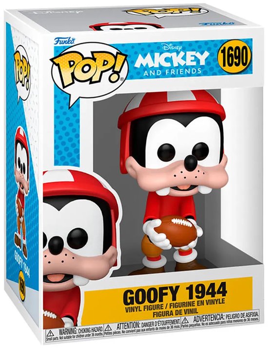 Figurine Funko Pop! Goofy 1944 en boîte, porte une tenue de football rouge avec casque et ballon.