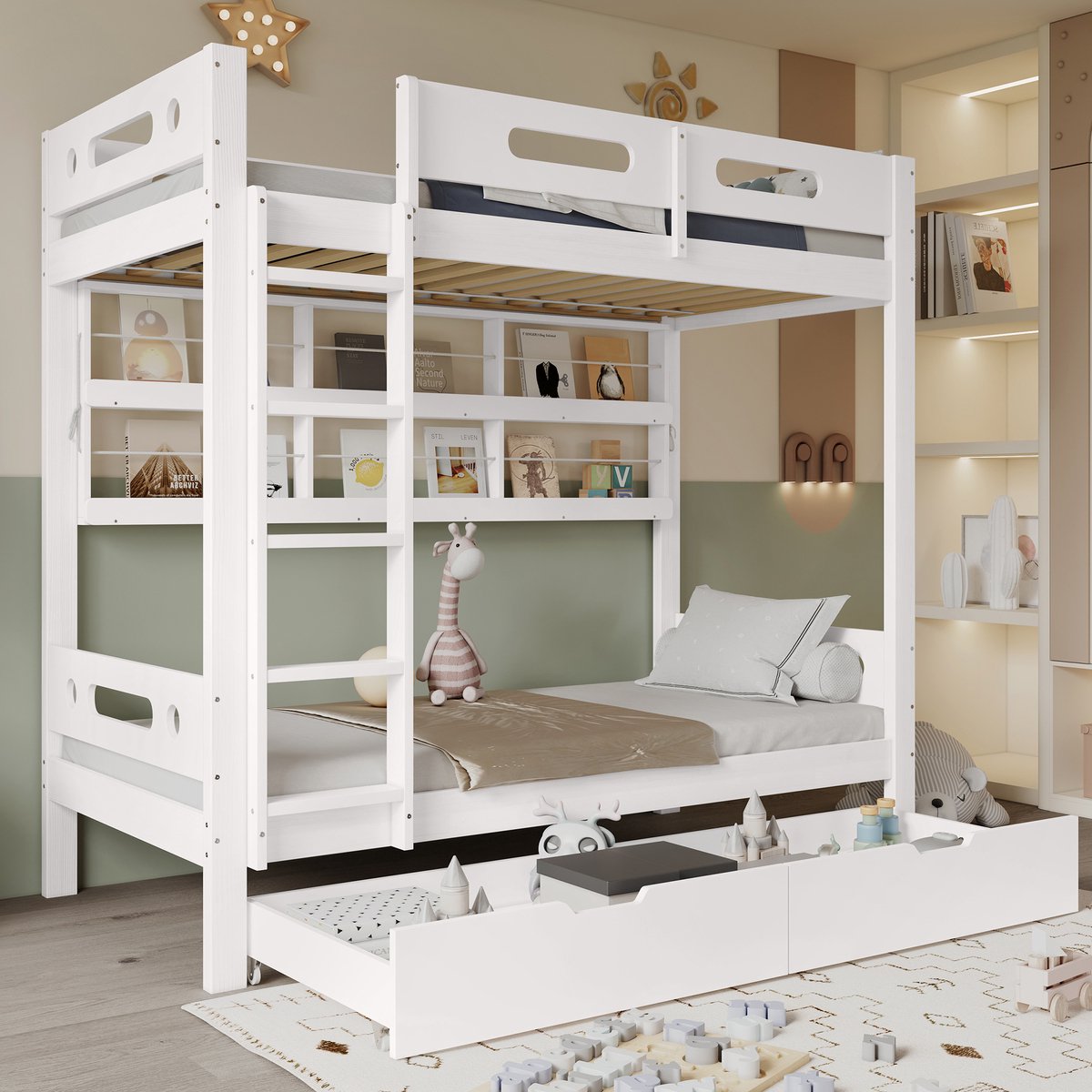 MIVRAY Stapelbed 90x200 cm Zonder Matras - Kinderbed Met Valbeveiliging En Opberglades - Met Verstelbaar Open Rek - Hout MDF - Wit Naturel