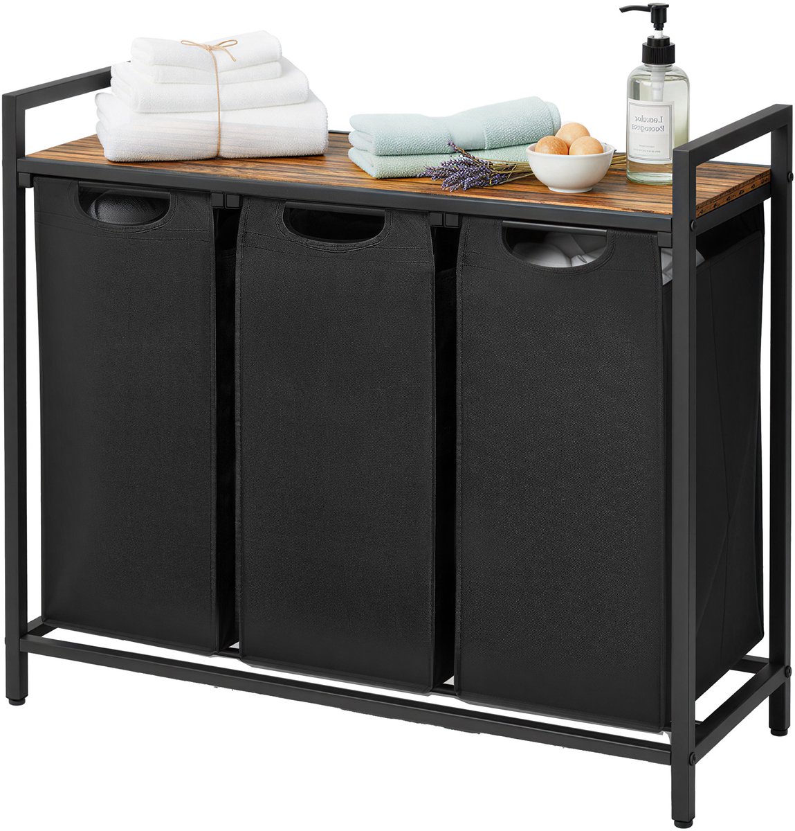 VASAGLE - Wasmand - Wassorteerder - 3 Compartimenten - 3 Oxford Stoffen - Metalen Frame - 114 L