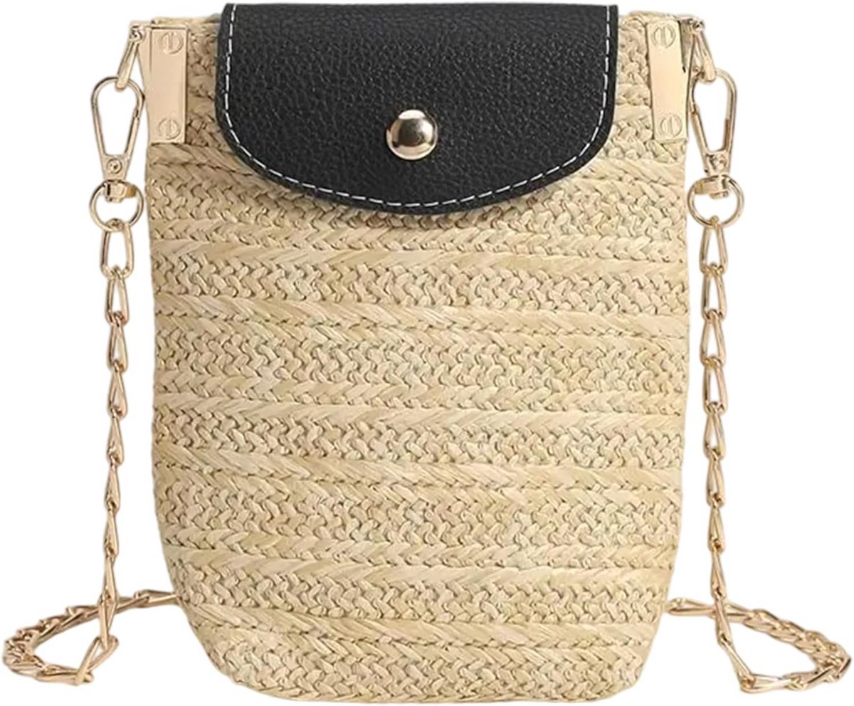 Dames Crossbody Tas van Stro - Kleine Strandtas en Verticale Portemonnee voor Mobiele Telefoon