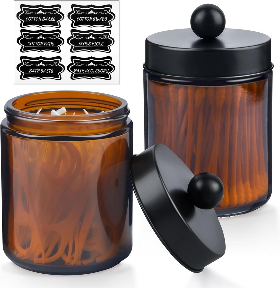 Glazen Apothekers Potten - Set van 2 met Deksel en Labels voor Badkamer Organizer