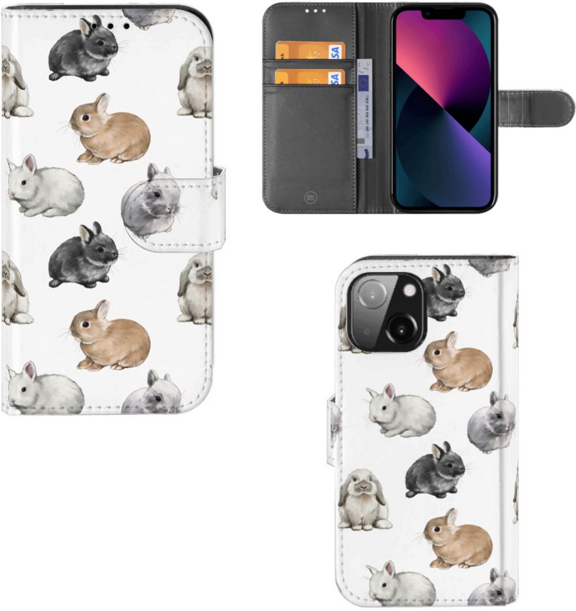 Telefoonhoesje met Pasjes voor iPhone 13 Mini Konijntjes