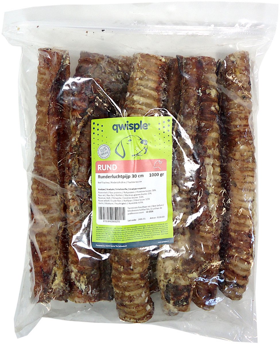 Qwisple Runderluchtpijp 30 cm - Hondensnacks Gedroogd Rund - 1000 gr