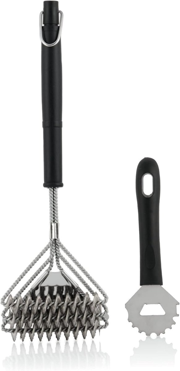 Ergonomische 2-delige Grillborstelset met Drievoudige Borstelkop en Schraper