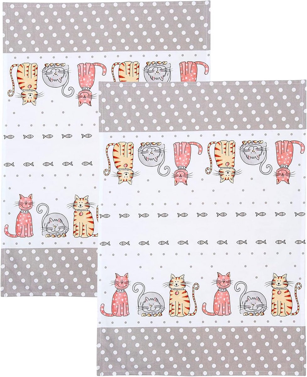 Katten Theedoeken Set van 2 – Absorberende Katoenen Keukenhanddoeken met Leuk Ontwerp
