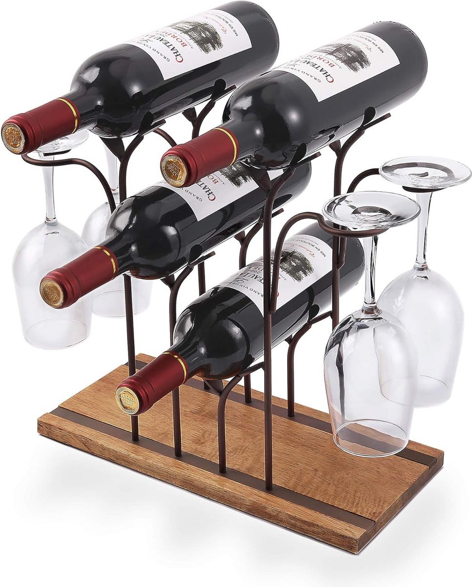 Houten Wijnrek voor 4 Wijnflessen en 4 Wijnglazen - Perfect voor Keuken en Wijnkelder