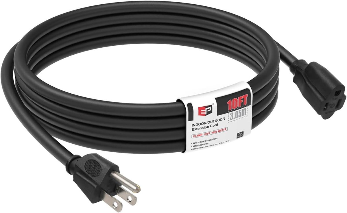 Verlengsnoer 10 ft - 16/3 SJTW Heavy Duty Weerbestendig met 3 Prong Aansluiting voor Binnen en Buiten