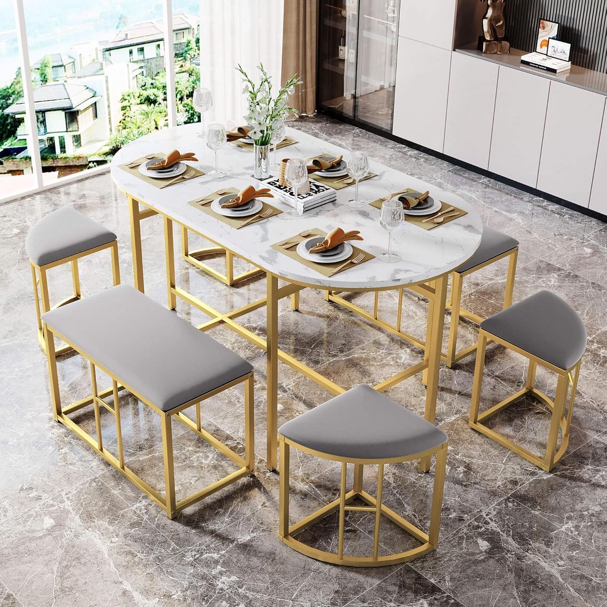 Moderne eetkamergroep met 6 stoelen en eettafel voor woonkamer en keuken