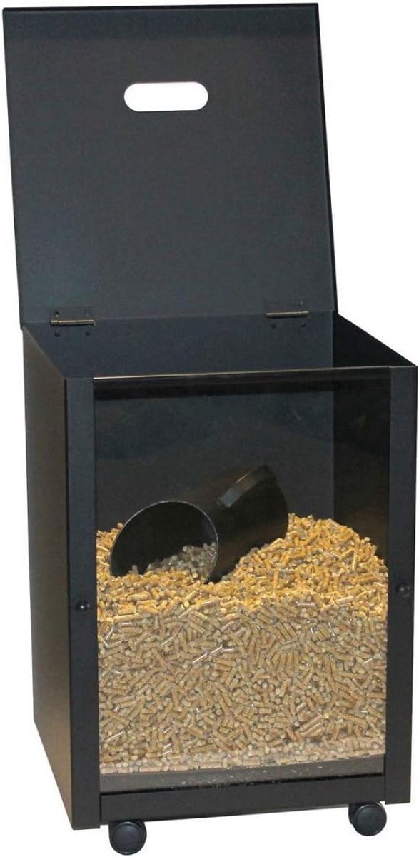 Pelletbak met Voorruit en Wieltjes - Zwart Gecoat, Houten Mand 39 x 52 x 39 cm