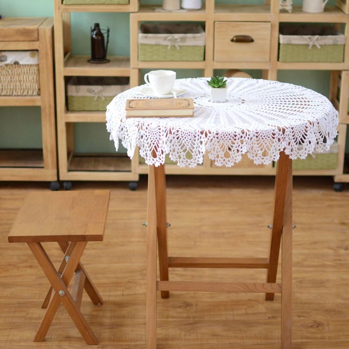 Handgemaakt vintage rond katoenen tafelkleed 90 cm - Beige