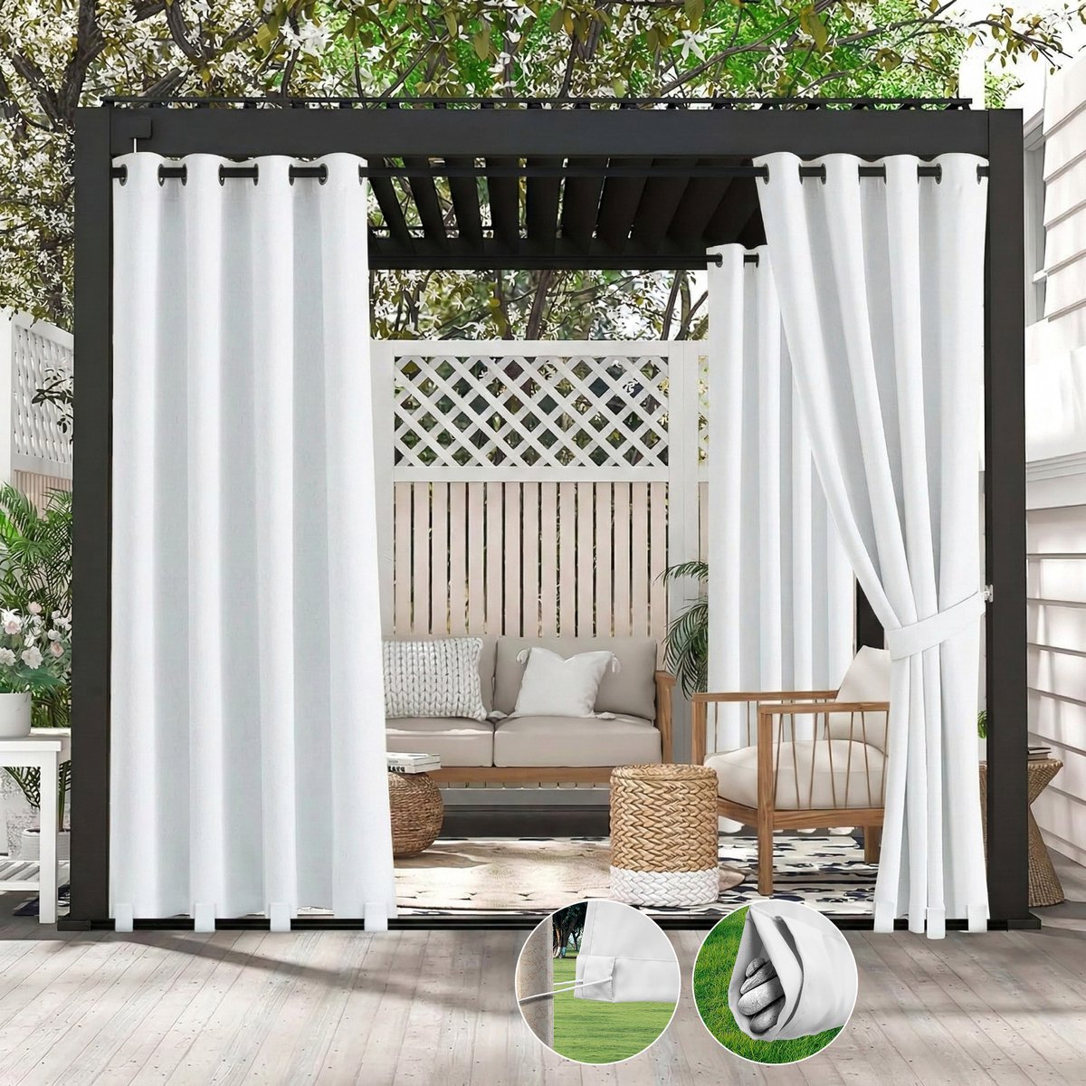 Qelus 2 Stuks Buitengordijnen Winddicht & Waterdicht - Outdoor Gordijn met Oogjes (Boven) en Anti-wind Lussen (Onder) - Weerbestendig voor Pergola - 132x213cm - Wit