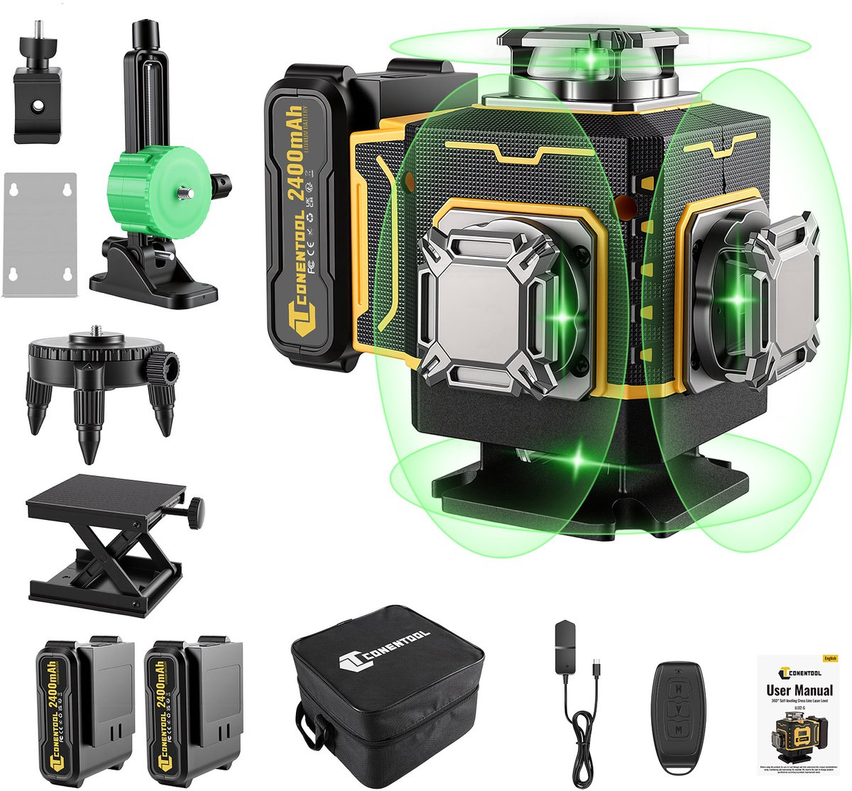 CONENTOOL 4D Laser Waterpas - Zelfnivellerend - 360° Groene Laser - 2 Accu's - Stoffen draagtas
