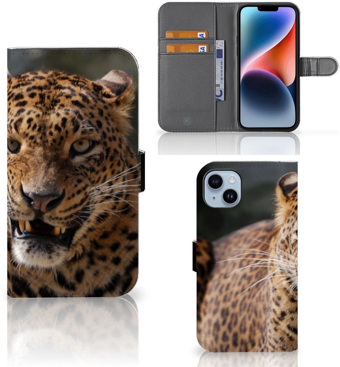 iPhone 15 Plus Telefoonhoesje met Pasjes Luipaard